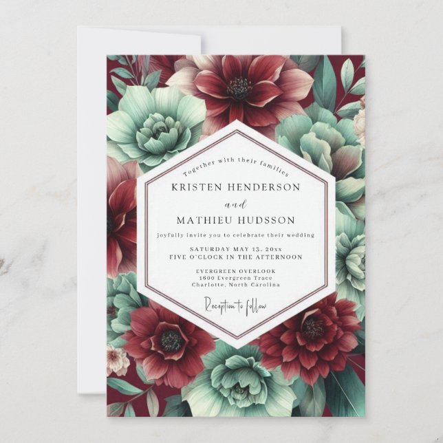 Crimson & Teal Lush Botanical Wedding Invitation (Front)