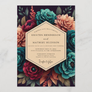Crimson & Teal Opulent Bloom Wedding Invitation