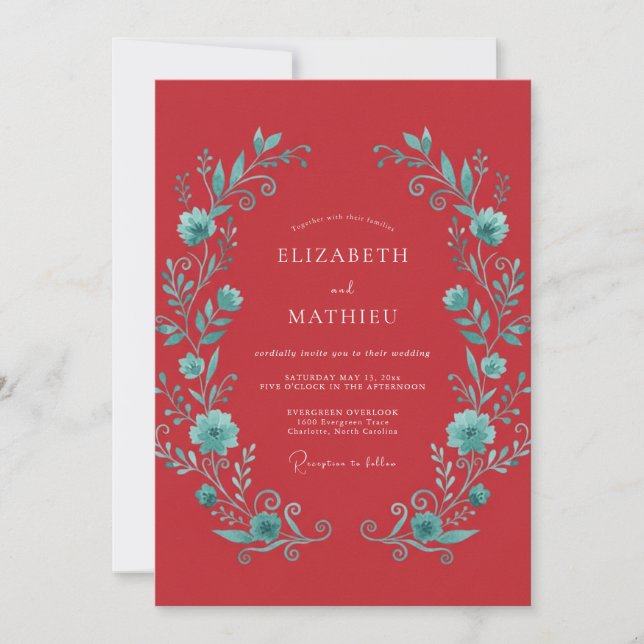 Crimson Teal Vibrant Botanical Wedding Invitation (Front)