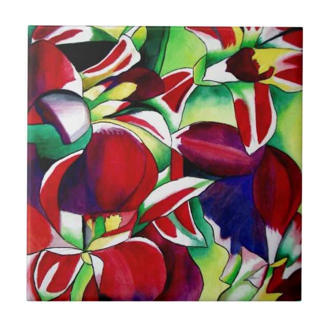 Crimson tropical Singapore Orchids flower art Tile (Front)