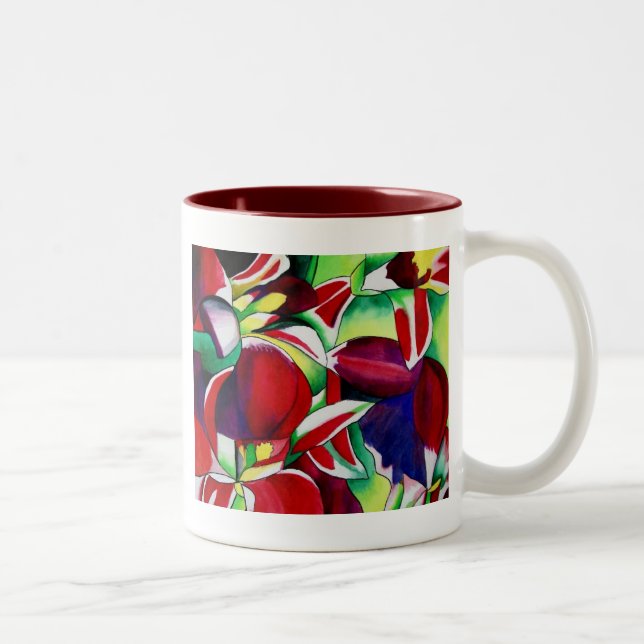 Crimson tropical Singapore Orchids flower art Two-Tone Coffee Mug (Right)