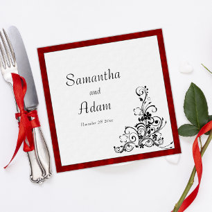 Crimson Velvet and Black Flourish Wedding Napkins