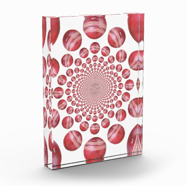 Crimson Vortex: Beautiful Red Cricket Ball Art Acrylic Award (Left)