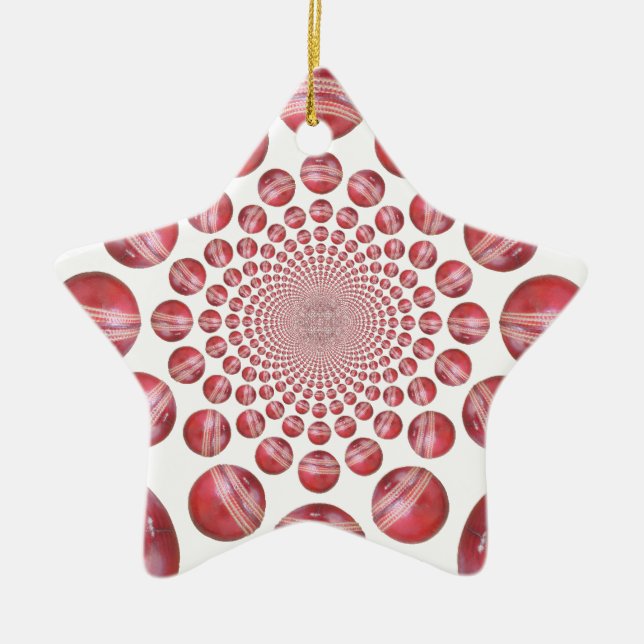 Crimson Vortex: Beautiful Red Cricket Ball Art Ceramic Ornament (Front)