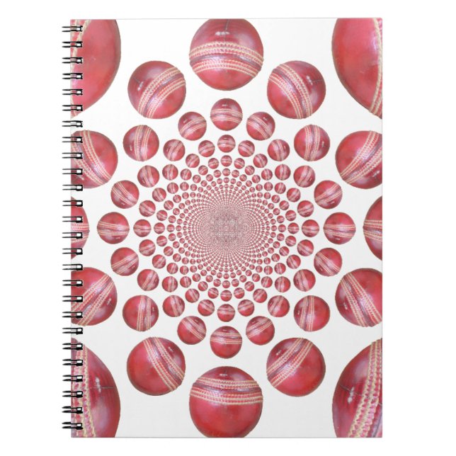 Crimson Vortex: Beautiful Red Cricket Ball Art Notebook (Front)