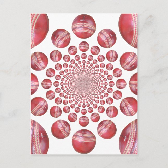 Crimson Vortex: Beautiful Red Cricket Ball Art Postcard (Front)