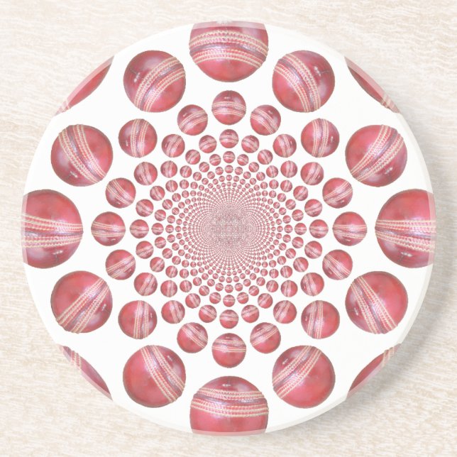 Crimson Vortex: Beautiful Red Cricket Ball Art Sandstone Coaster (Front)