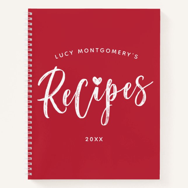 Crimson White Brush Script Recipe  Notebook (Front)