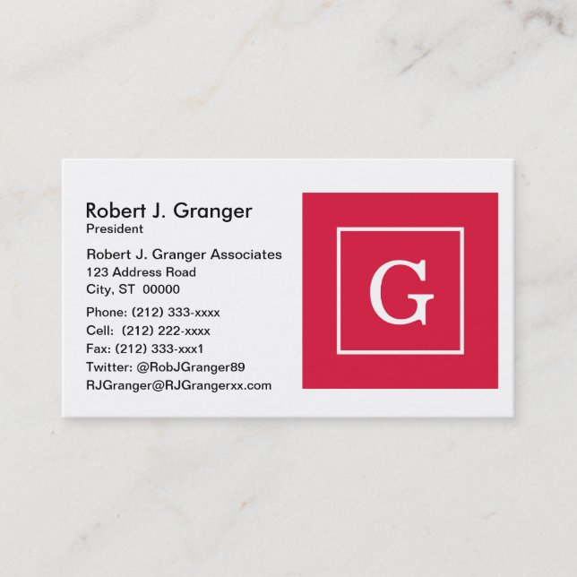 Crimson White Framed Initial Monogram Business Card (Front)