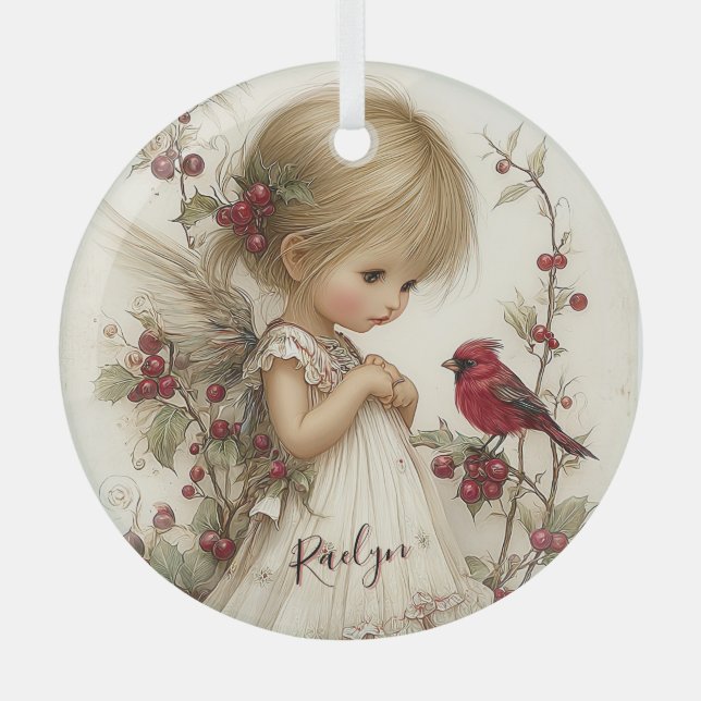 Crimson Wings and Winter Wishes Glass Ornament (Front)