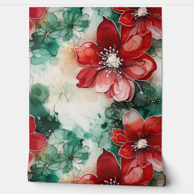 Crimson Yuletide Blooms Botanical Wallpaper (Unrolling)