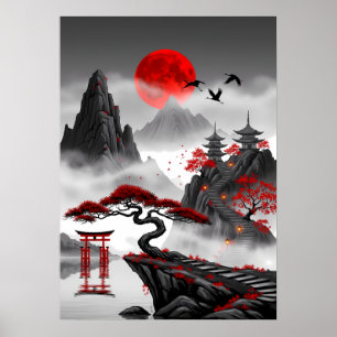 Crimson Zen: Japanese Red Moon Landscape Poster