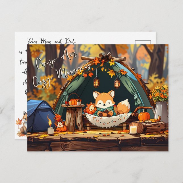 Crisp Air Cozy Memories Autumn Leaves Camping Fox Postcard (Front/Back)