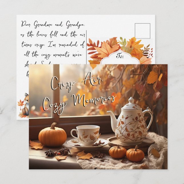 Crisp Air Cozy Memories Autumn Leaves Teapot Mug  Postcard (Front/Back)