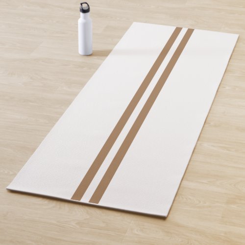 Crisp Mocha Brown Double Center Stripes On White Yoga Mat