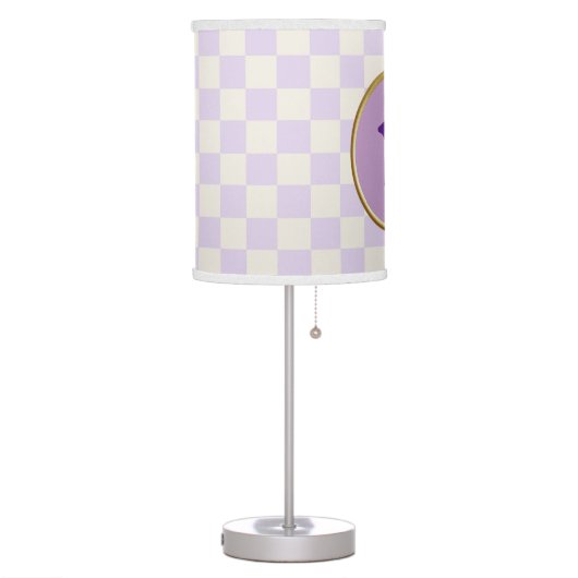 Crisp Pale Lavender Off White Checkerboard & Gold Table Lamp (Left)
