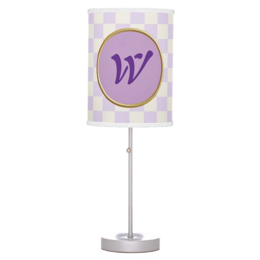 Crisp Pale Lavender Off White Checkerboard & Gold Table Lamp (Front)