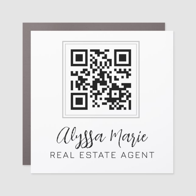 Crisp White Black Grunge Script Gray Key Lines QR Car Magnet (Front)