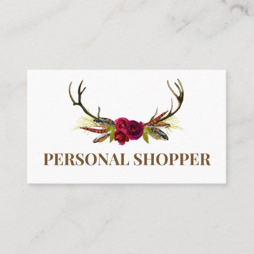 Crisp White  Boho Floral Antler Personal Shopper Business Card