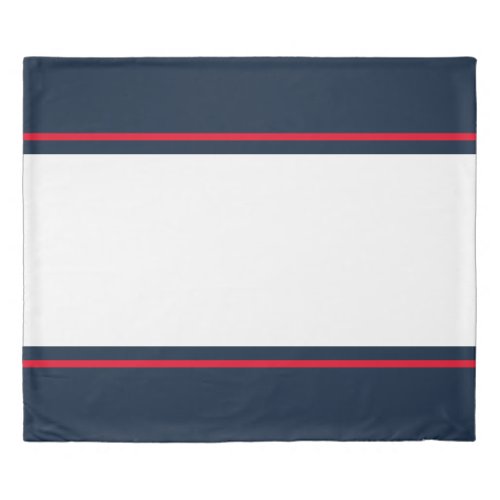 Crisp White Bright Red Racing Stripes On Navy Blue Duvet Cover