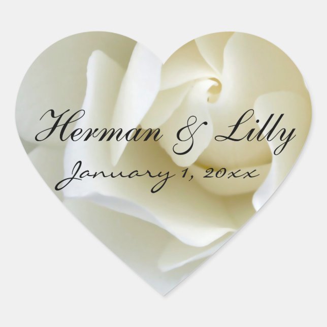 Crisp White Rose Personalized Wedding Heart Sticker (Front)