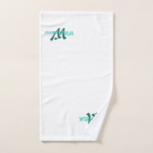 Crisp White Teal Monogram Family Name Hand Towel
