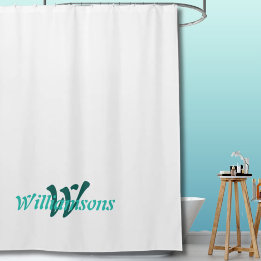Crisp White Teal Monogram Name Shower Curtain