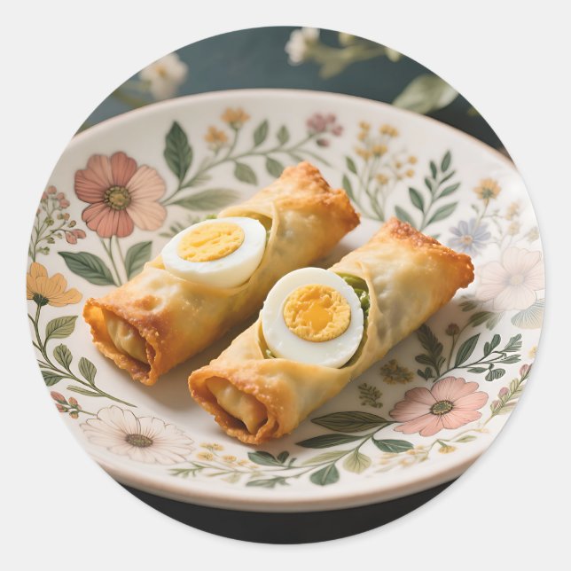 Crispy Egg Rolls on Floral Plate Classic Round Sticker (Front)