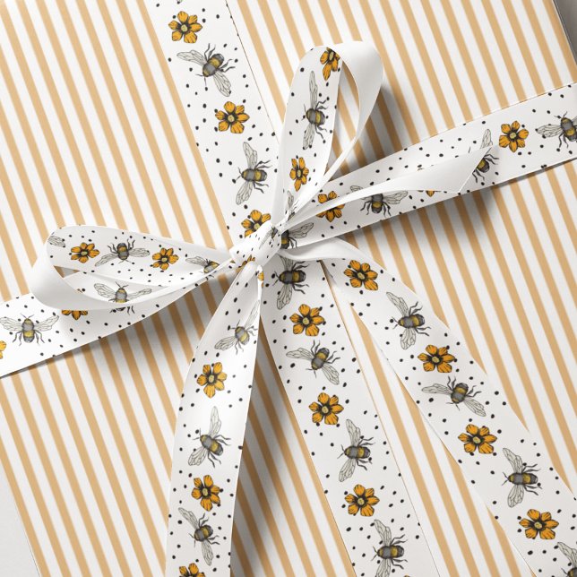 Crispy White Buzzing Bees & Cosmos Flower Blooms Grosgrain Ribbon (Pretty Floral Insect Bee Ribbon. Hand Drawn Honeybees and Yellow Flowers with Black Polka Dots. )
