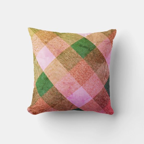 Criss Cross Diamond Plaid Green Pink Throw Pillow