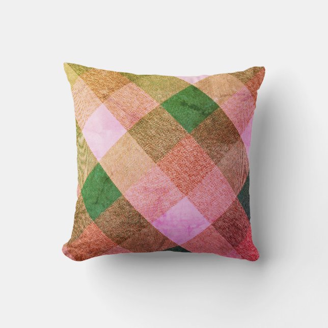 Criss Cross Diamond Plaid Green Pink Throw Pillow (Front)