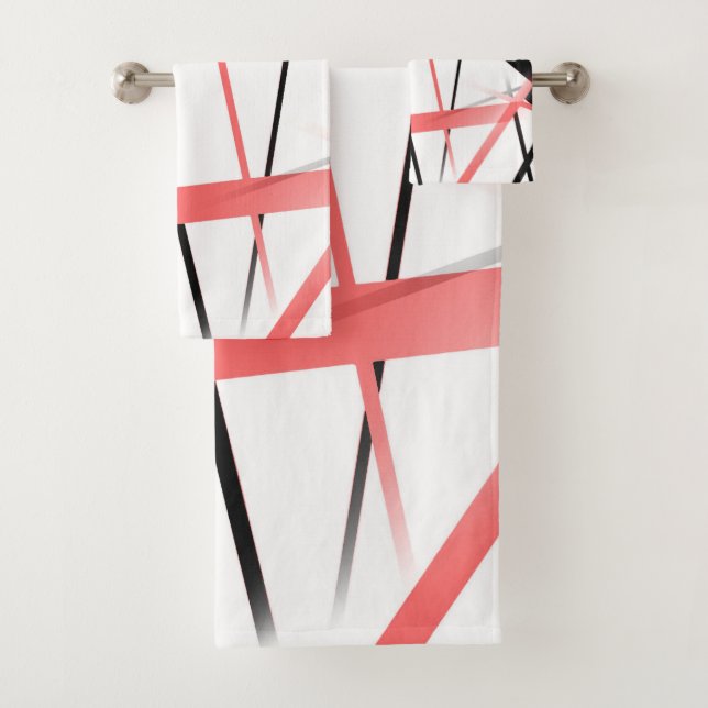 Criss Crossed Coral and Black Stripes on White Bath Towel Set (Insitu)