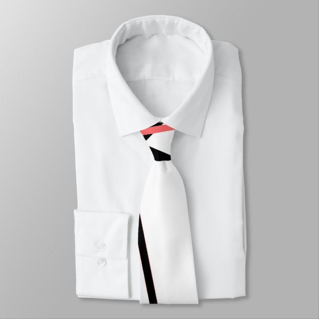 Criss Crossed Coral and Black Stripes on White Neck Tie (Tied)