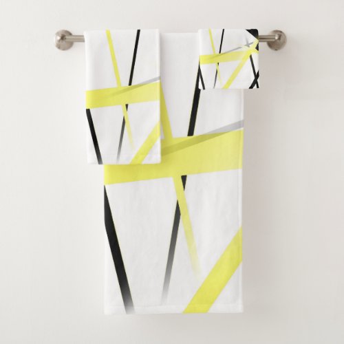 Criss Crossed Lemon Yellow and Black Stripes on Wh Bath Towel Set