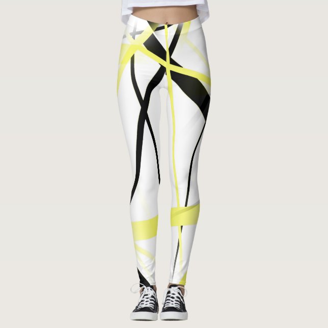 Criss Crossed Lemon Yellow and Black Stripes on Wh Leggings (Front)