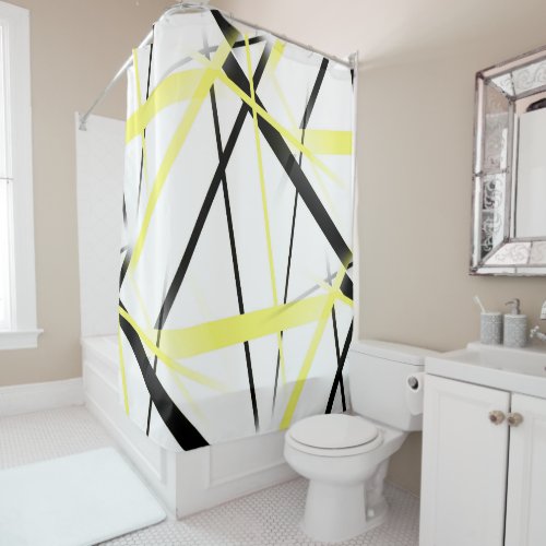 Criss Crossed Lemon Yellow and Black Stripes on Wh Shower Curtain