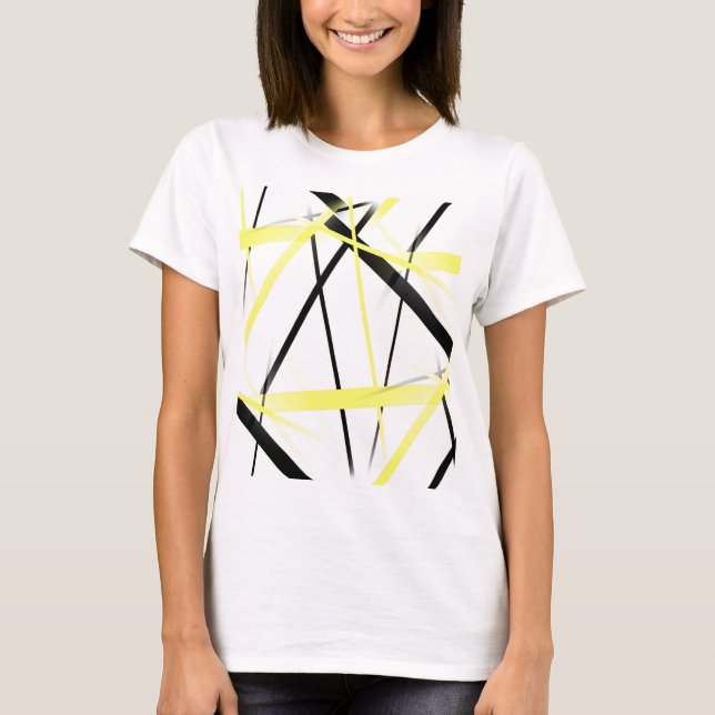 Criss Crossed Lemon Yellow and Black Stripes on Wh T-Shirt (Front)