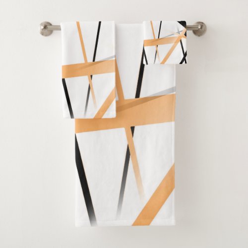 Criss Crossed Tangerine and Black Stripes on White Bath Towel Set