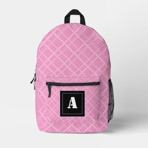 Crisscross Gingham Check Pink and White Monogram Printed Backpack