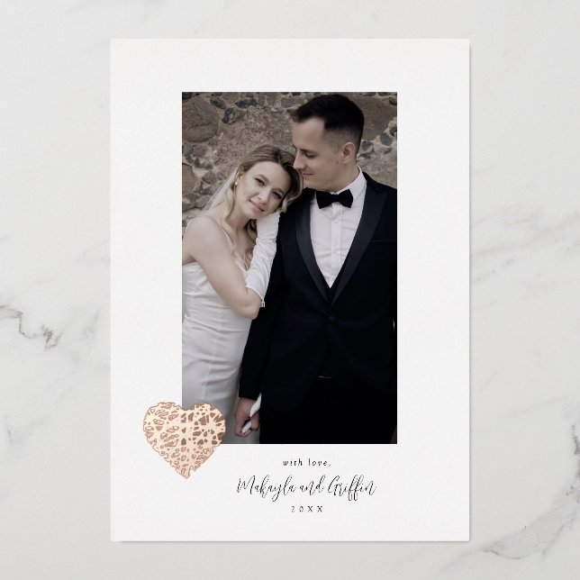 Crisscross Rose Gold Heart Wedding Photo Thank You Foil Invitation (Front)