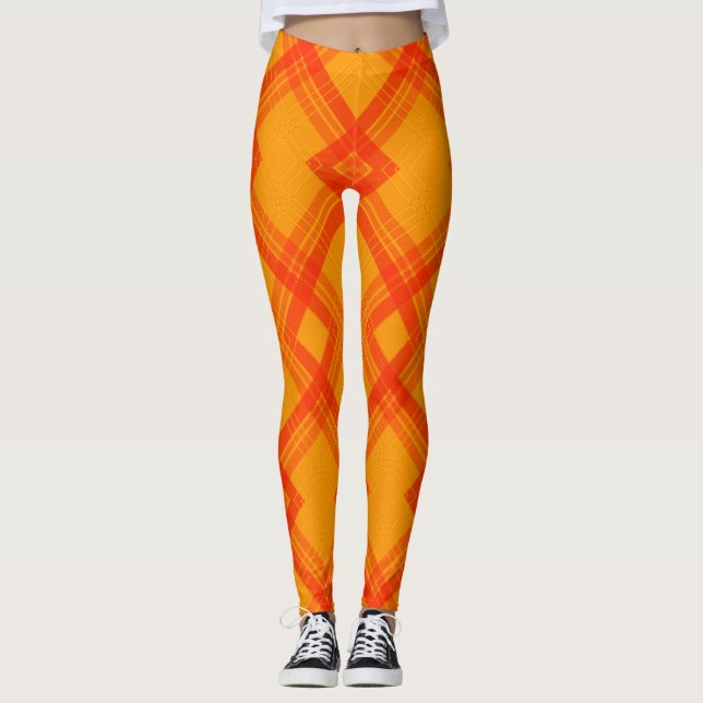 Crisscrossed Happy Red & Yellow/Orange Checks  Leggings (Front)