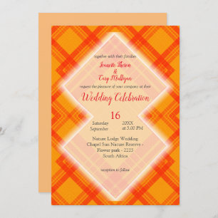 Crisscrossed red, and orange check patterns  invitation