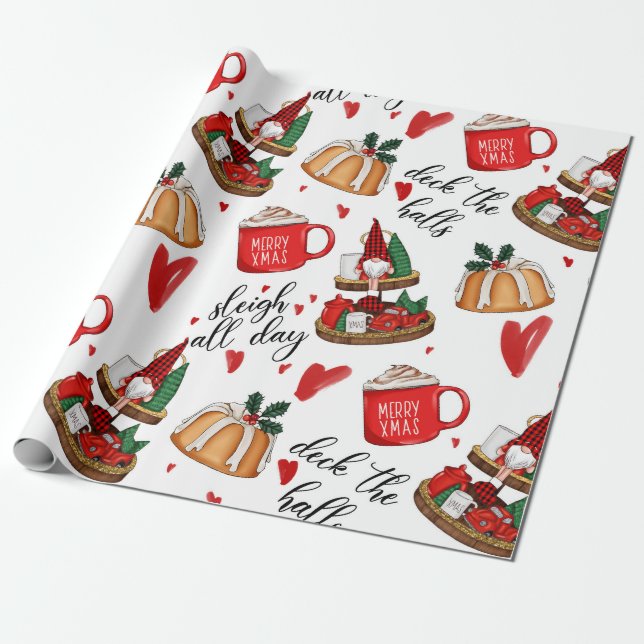Cristmas Gnome,Cake,Hearts Cute Wrapping Paper (Unrolled)
