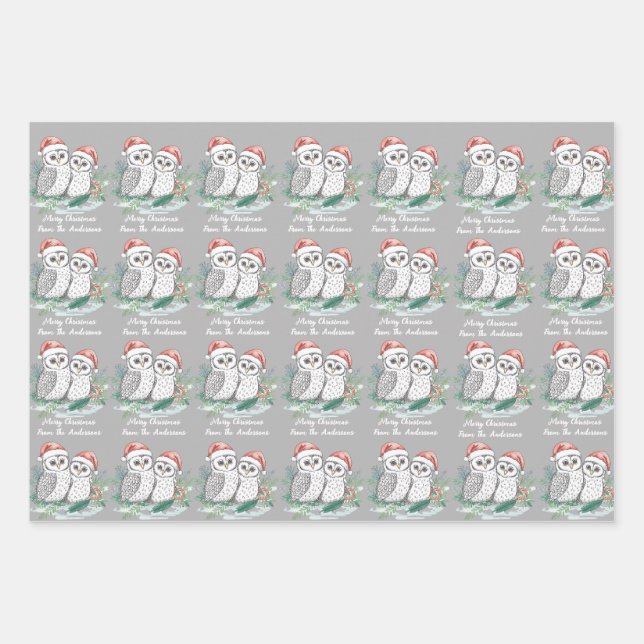 Cristmas Owl Wrapping Paper Flat Sheet Set of 3 (Front)