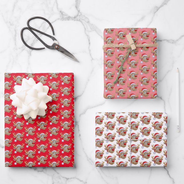 Cristmas Reindeer Red Pink White Christmas Wrapping Paper Sheets (Front)