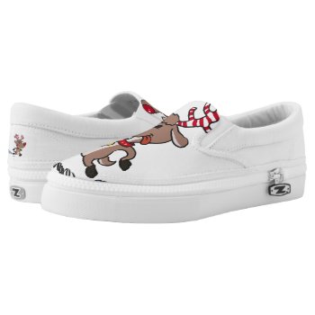 Cristmas Reindeer Running | Choose Background Colo Slip-on Sneakers by CactusAndFox at Zazzle