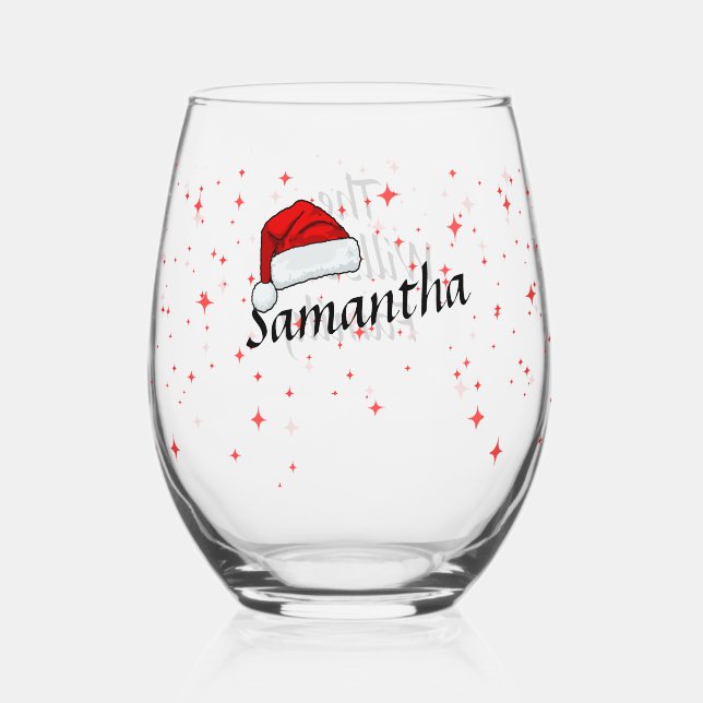 Cristmas santa cap Personlised Bulk gifts Stemless Wine Glass (Front)