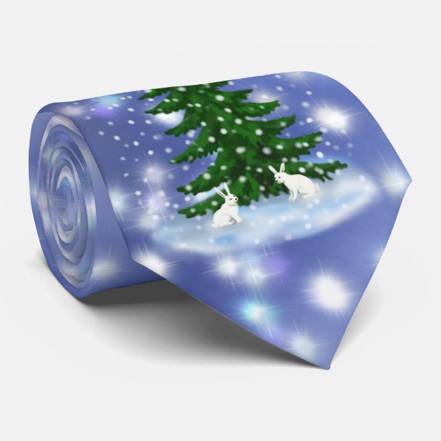 Cristmas spruce white bunnies  neck tie (Rolled)