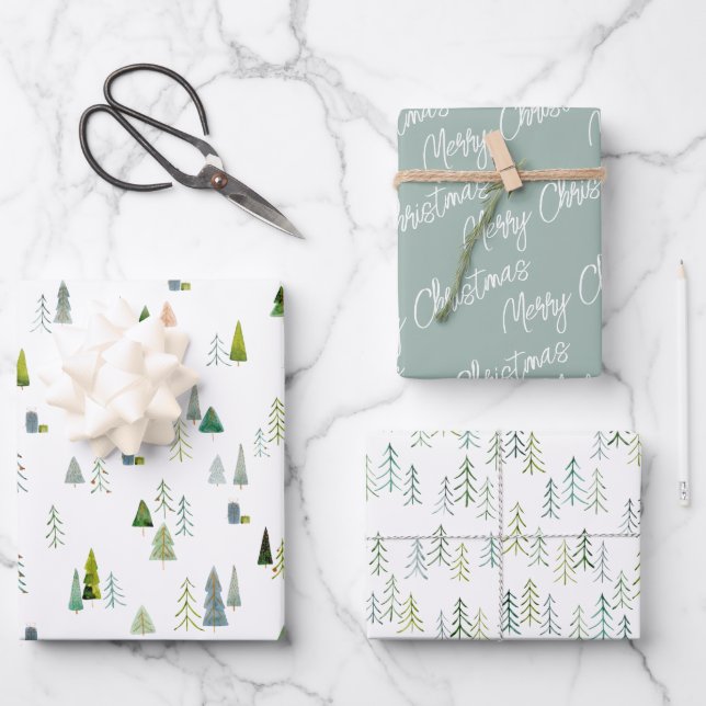 Cristmas Trees Illustration Wrapping Paper Sheets (Front)
