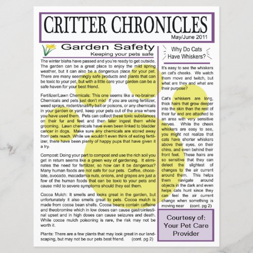 Critter Chronicles Newsletter _ MayJune 2011 Flyer